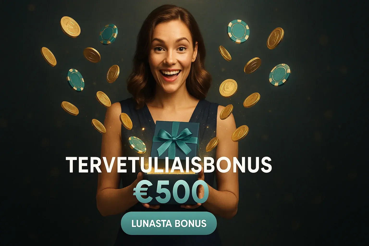 Suomalainen nainen pitelee lahjalaatikkoa, tervetuliaisbonus 500€ ja lunasta bonus