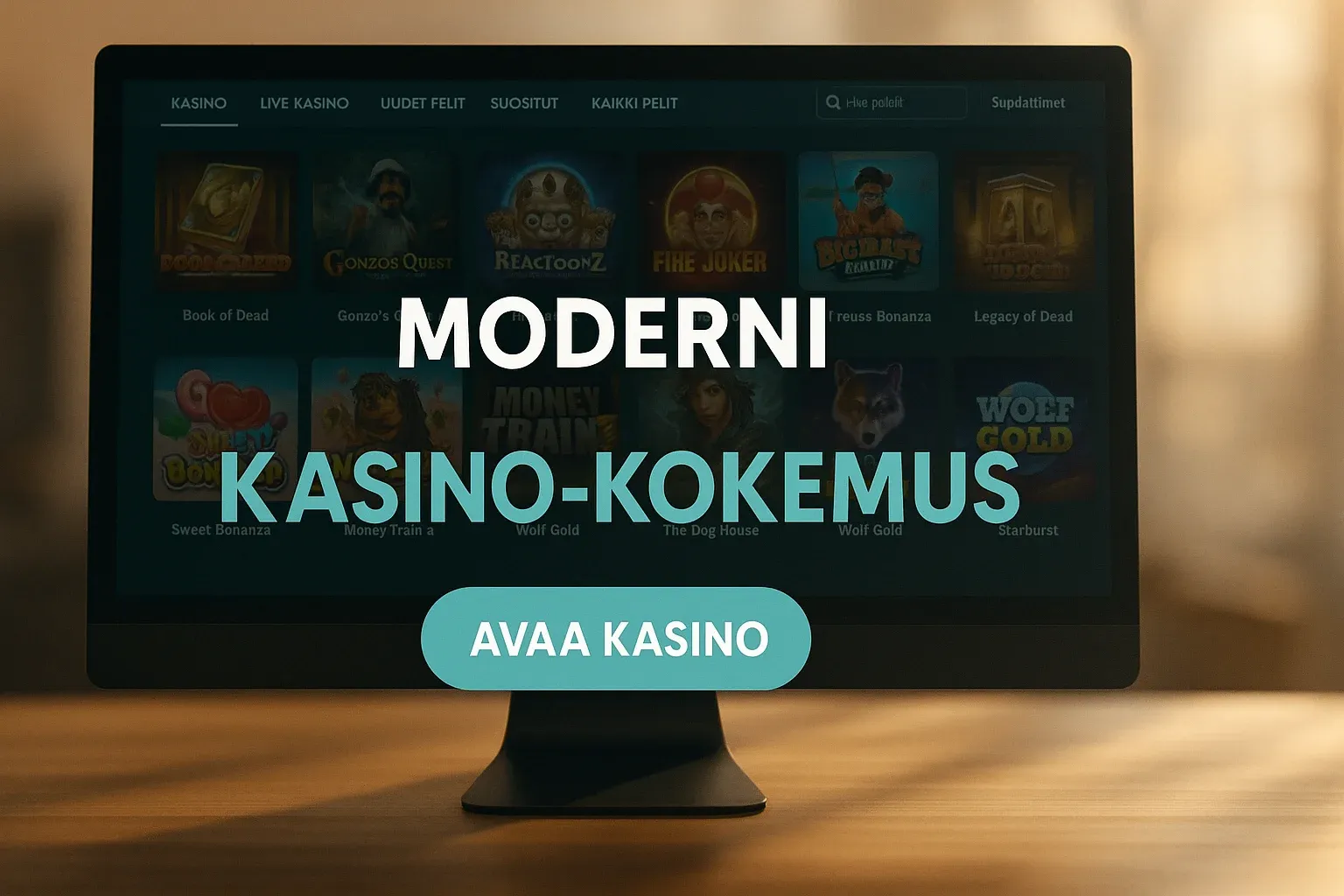 Fotorealistinen suomalainen kasinomainosbanneri, peliaulan käyttöliittymä ja CTA-painike