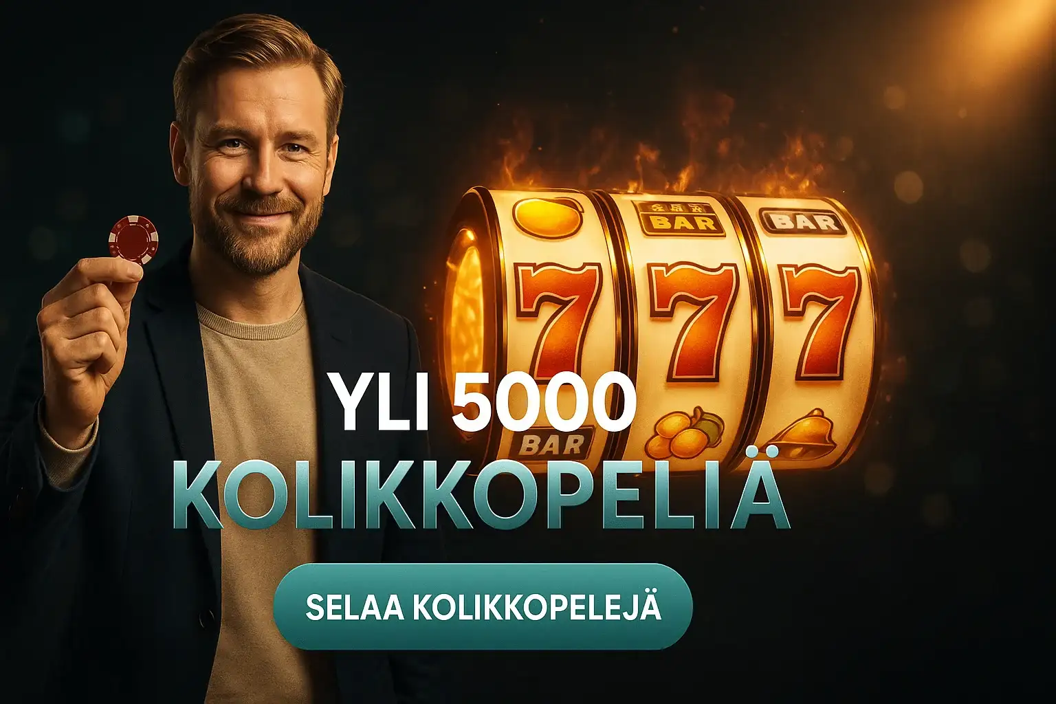 Suomalainen mies kasinolla, taustalla hehkuvat kolikkopelit ja voittosymbolit