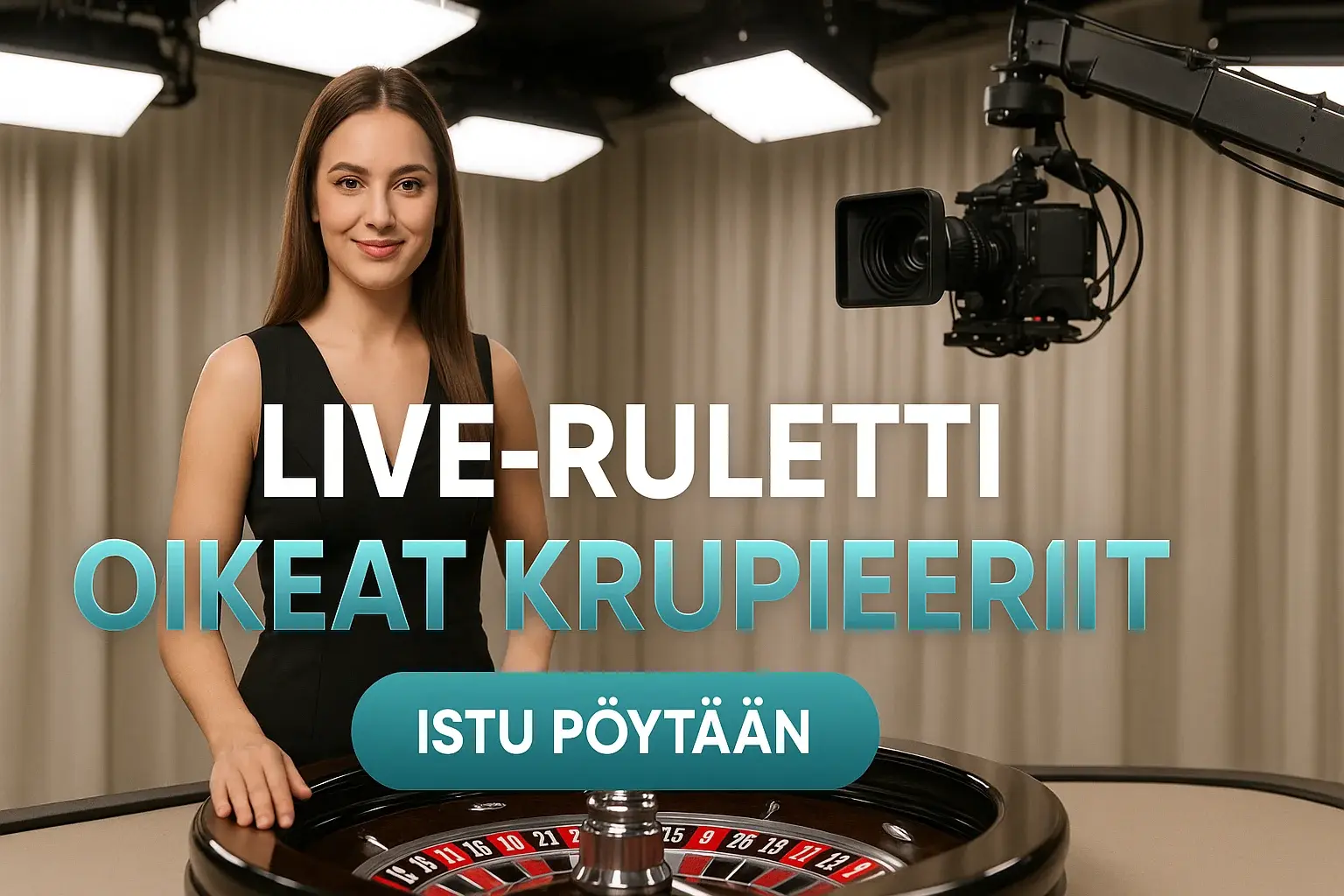 Suomalainen live-ruletti studio, naisdiileri rulettipöydällä ja HD-kamera