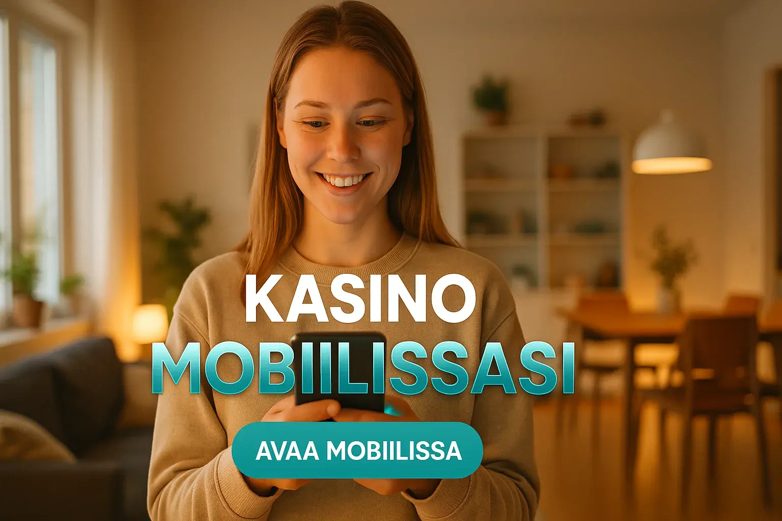 Suomalainen nainen pitää älypuhelinta kasinomainosbannerissa skandinaavisessa asunnossa
