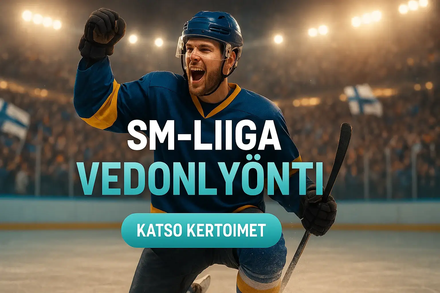 SM-liiga jääkiekkoilija juhlii maalia vedonlyönti kasinobannerissa Suomen väreissä